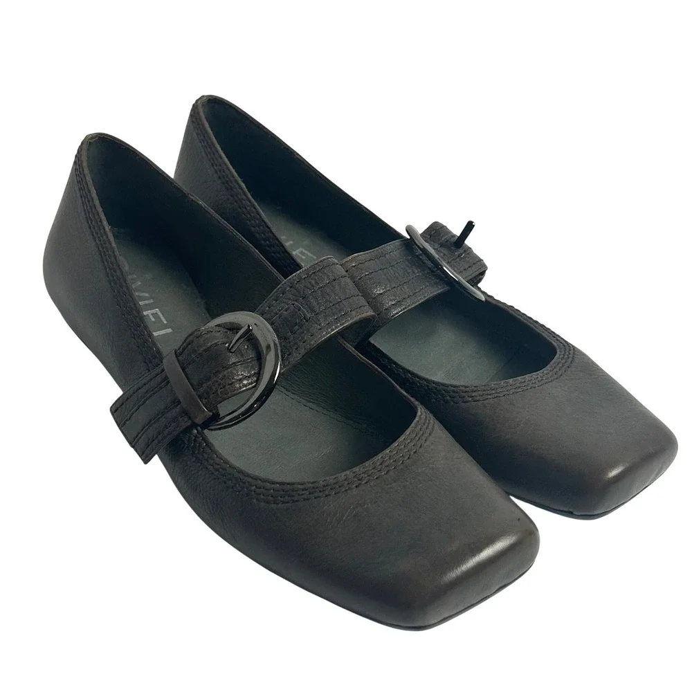 Biviel Dark Brown Leather Square Toe Mary Jane Buckle Flats Womens 39 EU